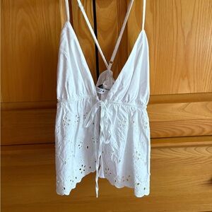 Zara white eyelet babydoll tie front top Size M